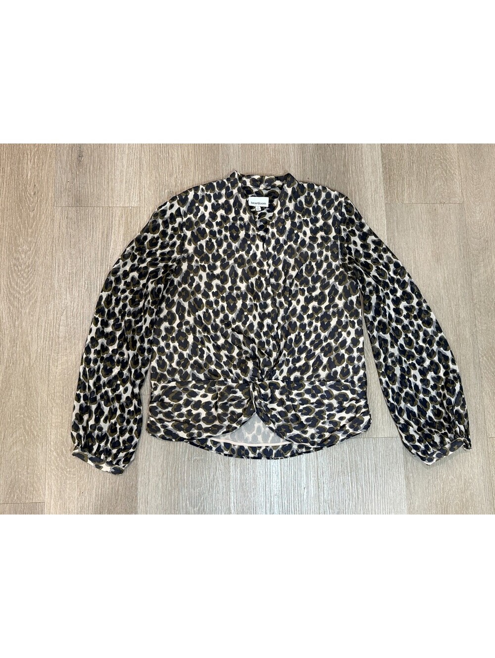 Leopard Print Blouse Small Twist Front Hem Sheer Chiffon Olive Gray Button Up